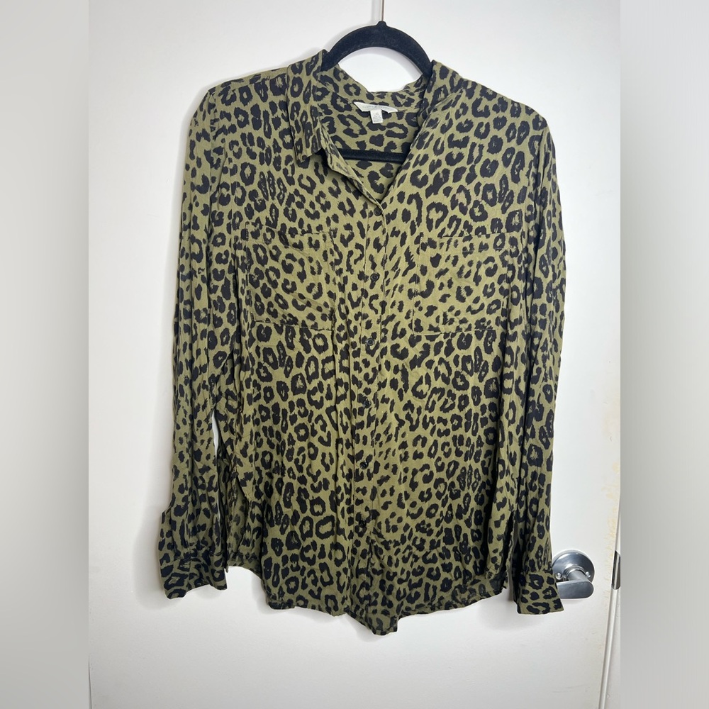 Lucky brand Olive Green Leopard Print Button-Up Blouse